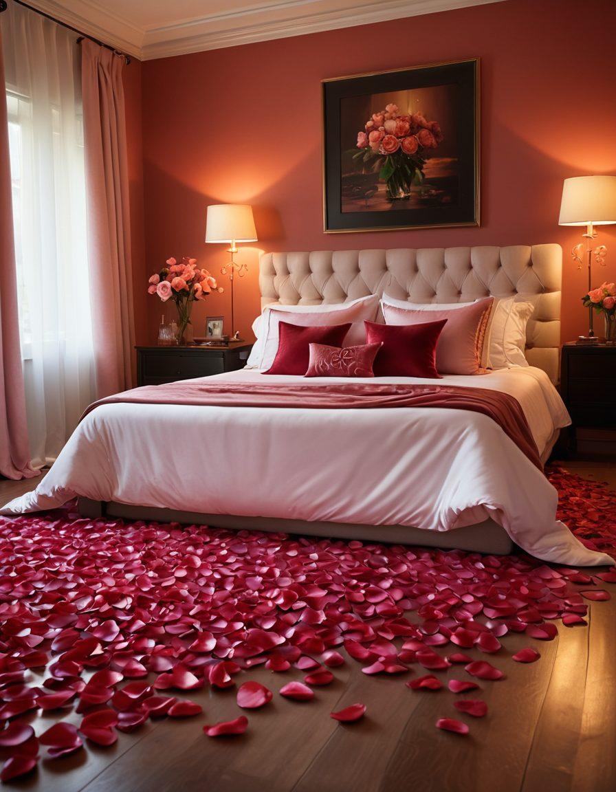 A cozy and intimate bedroom setting, featuring soft, dim lighting and plush bedding. Include sensual elements like rose petals, scattered on a silk sheet, and a pair of elegant champagne flutes with bubbles. The atmosphere should evoke warmth and romance, with gentle shadows dancing on the walls. Artistic flair with a focus on deep reds and soft pinks to enhance the theme of passion. super-realistic. warm tones. intimate atmosphere.