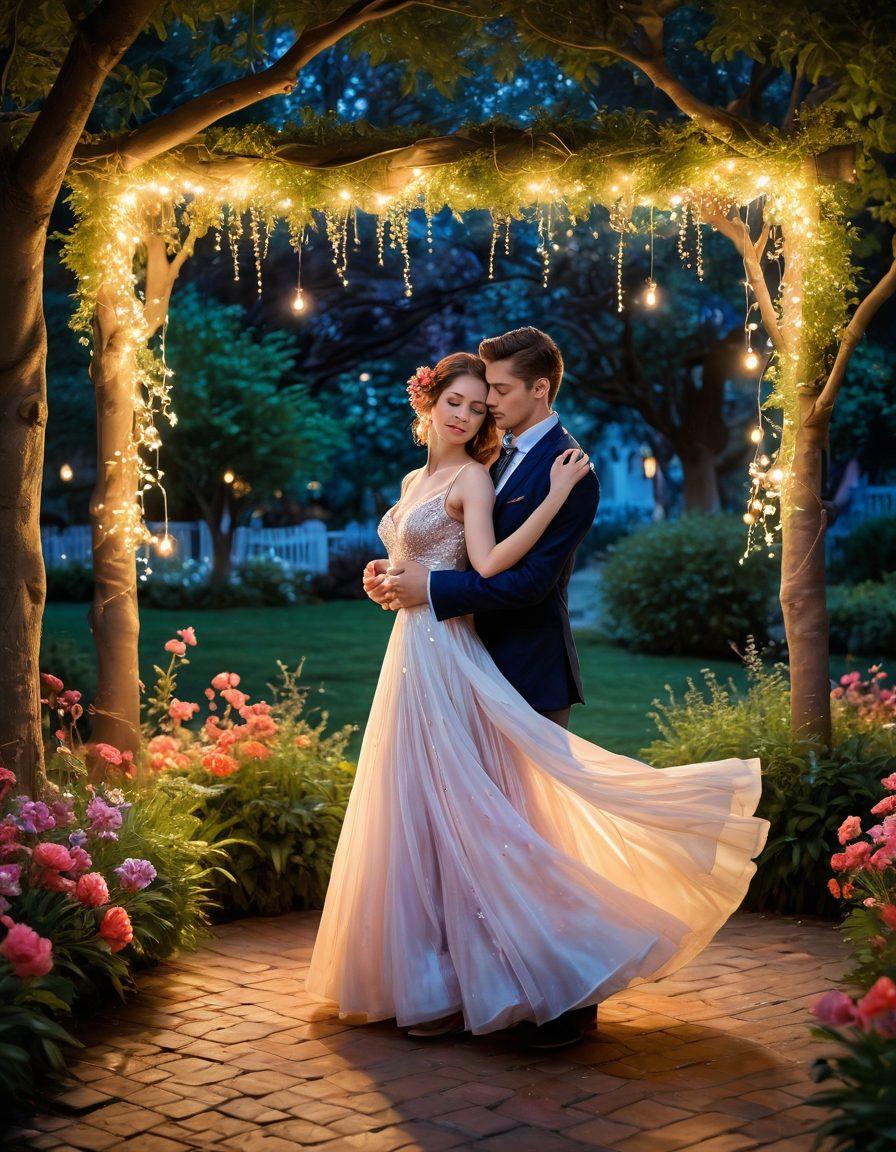 An enchanting scene of two lovers engaged in a playful dance, surrounded by soft, warm lighting that creates an intimate atmosphere. The setting is a lush garden at twilight, with twinkling fairy lights hanging from trees. Their expressions convey vibrancy and flirtation, with elegant attire that suggests romance. Incorporate subtle floral elements and gentle motion to capture the essence of seduction. painting. vibrant colors. soft focus.